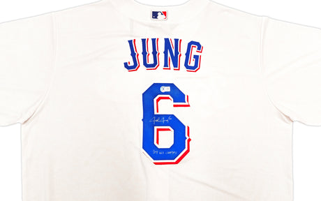 Texas Rangers Josh Jung Autographed White Nike Jersey Size 2XLT "23 WS Champs" Beckett BAS Witness Stock #236687