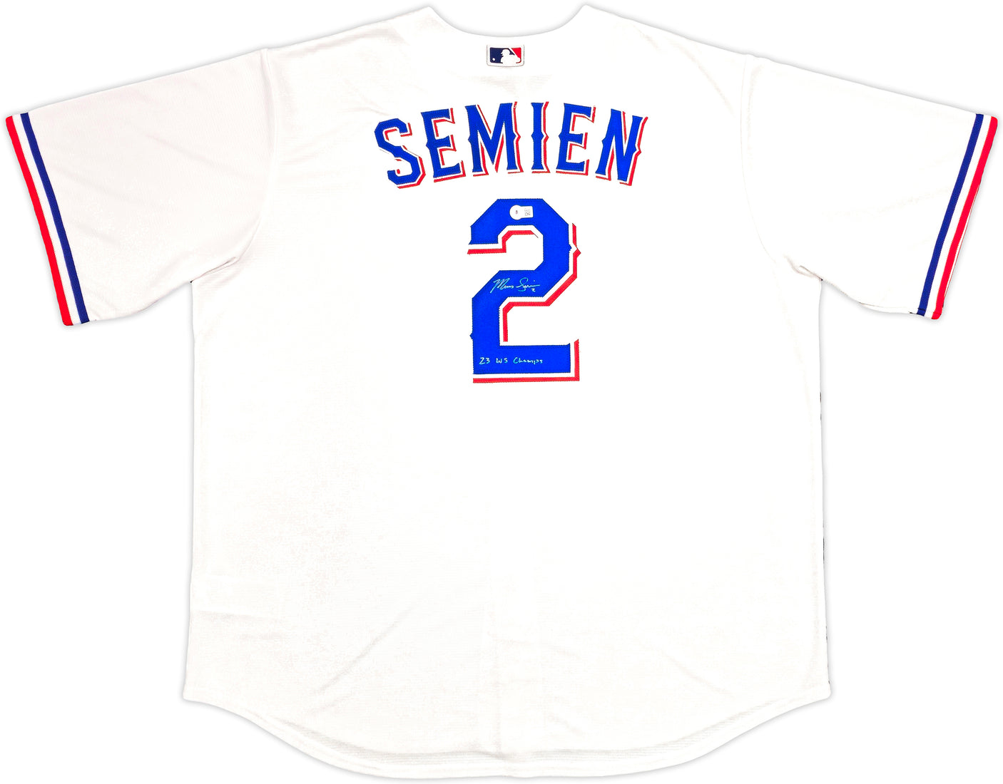 Texas Rangers Marcus Semien Autographed White Nike Jersey Size 2XLT "23 WS Champs" Beckett BAS Witness Stock #236690