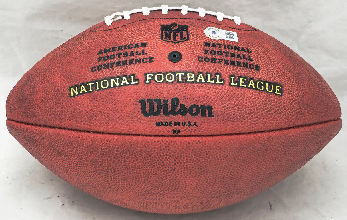 John Elway Autographed Official NFL Leather Colored Gold Shield Football Denver Broncos Beckett BAS Witness #W609022