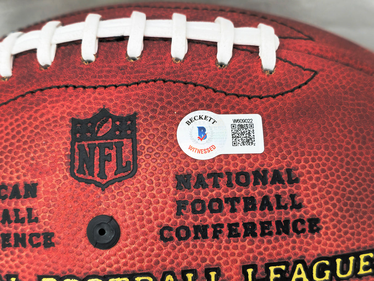 John Elway Autographed Official NFL Leather Colored Gold Shield Football Denver Broncos Beckett BAS Witness #W609022