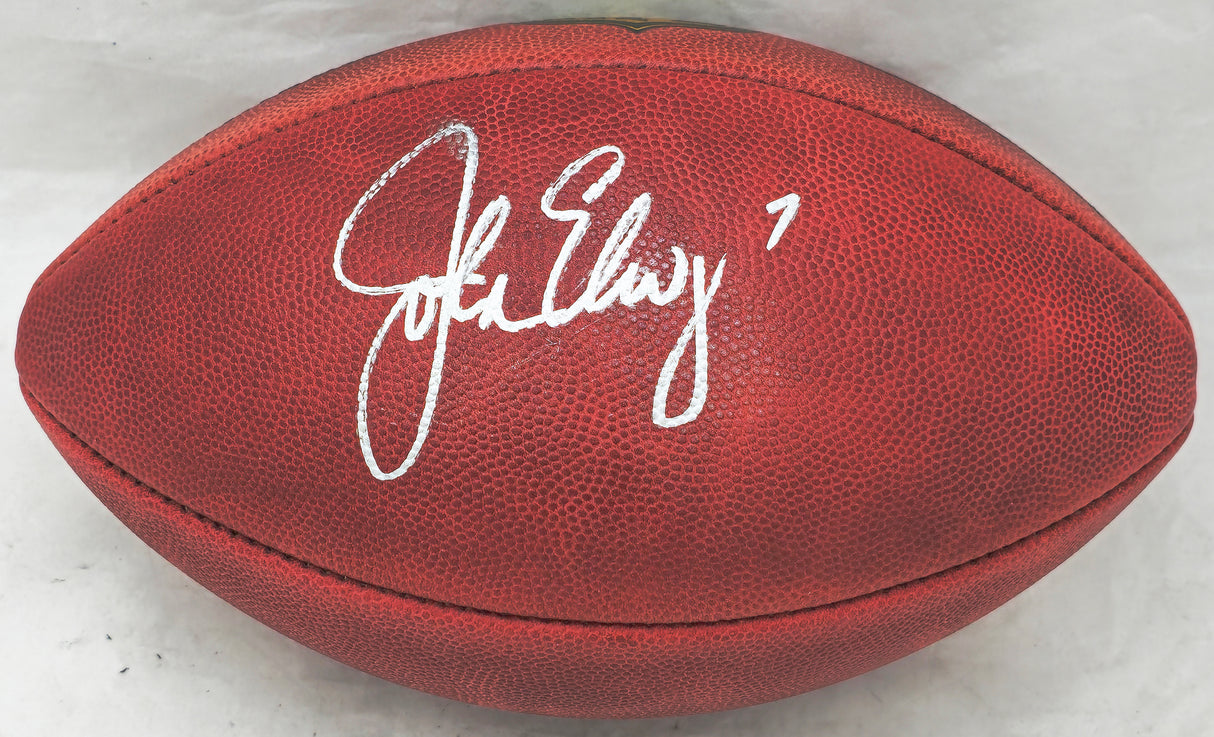 John Elway Autographed Official NFL Leather Colored Gold Shield Football Denver Broncos Beckett BAS Witness #W609021