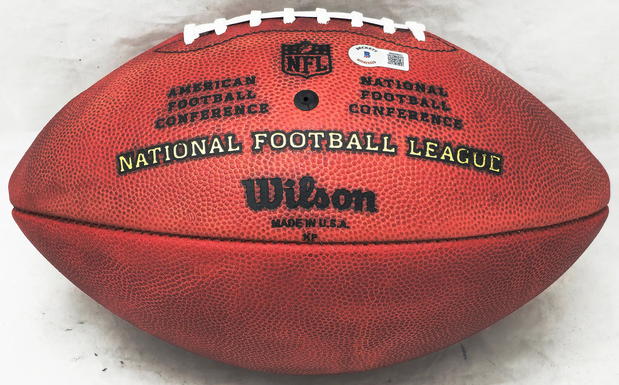 John Elway Autographed Official NFL Leather Colored Gold Shield Football Denver Broncos Beckett BAS Witness #W609021