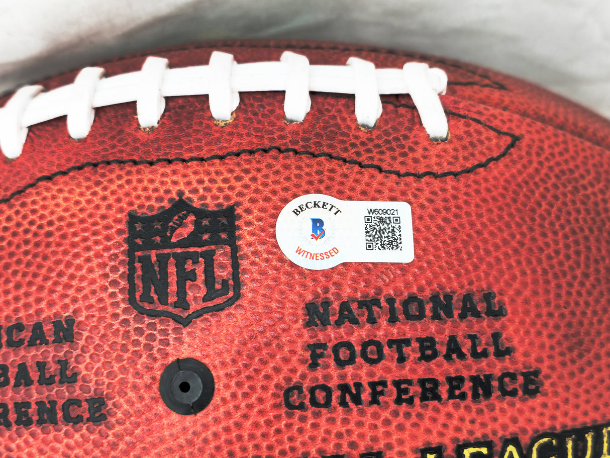 John Elway Autographed Official NFL Leather Colored Gold Shield Football Denver Broncos Beckett BAS Witness #W609021