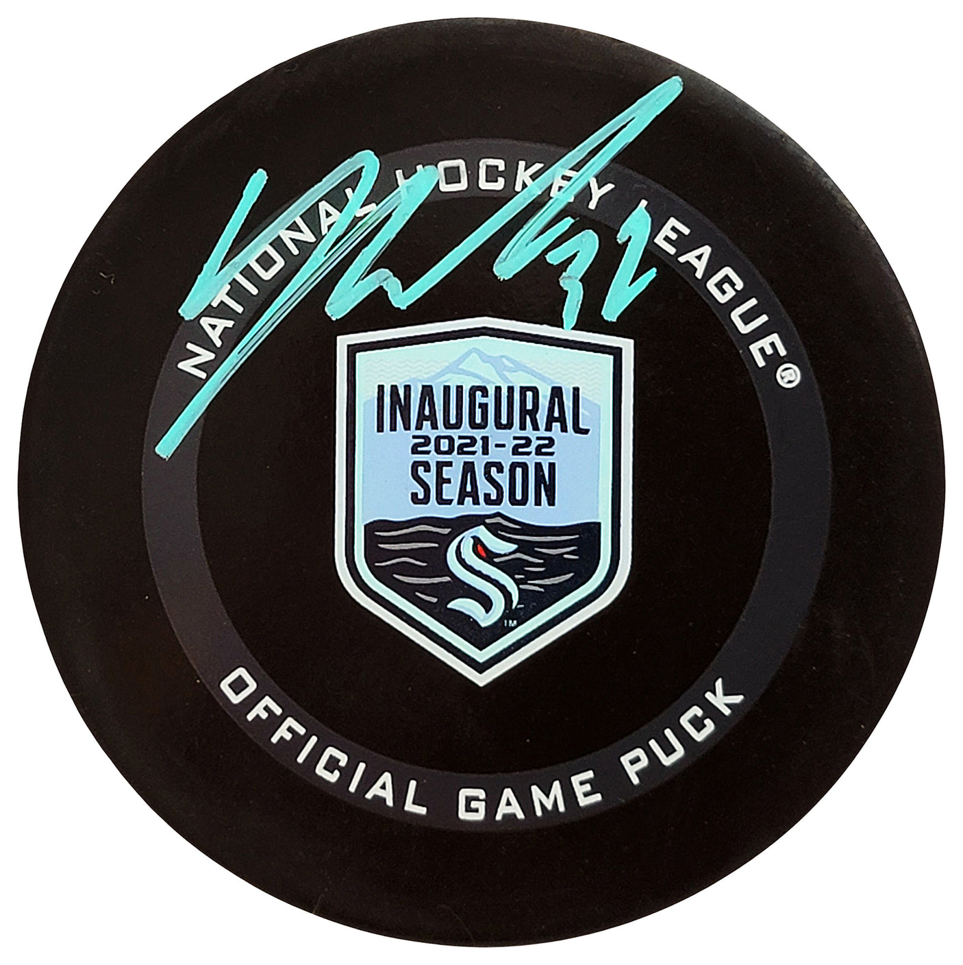 Yanni Gourde Autographed Official Seattle Kraken Inaugural Season Logo Hockey Game Puck Signed In Teal Fanatics Holo Stock #211605