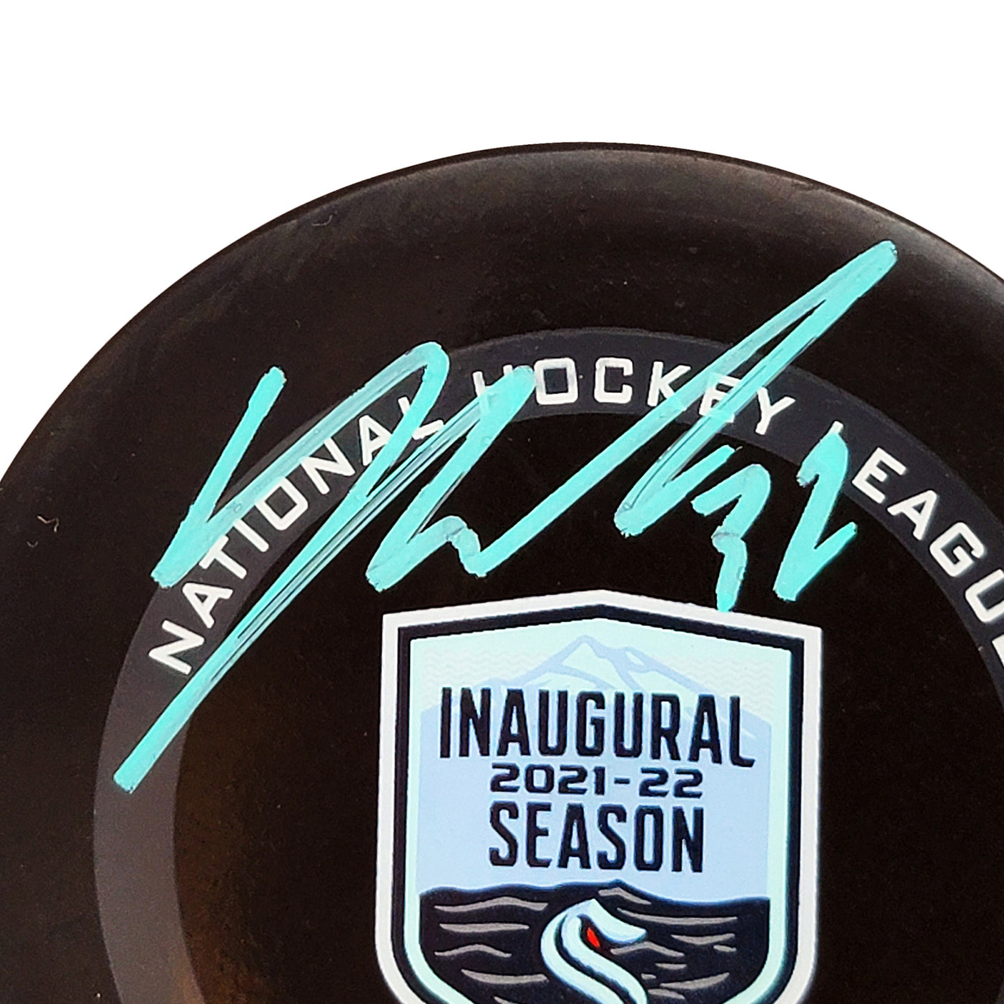 Yanni Gourde Autographed Official Seattle Kraken Inaugural Season Logo Hockey Game Puck Signed In Teal Fanatics Holo Stock #211605