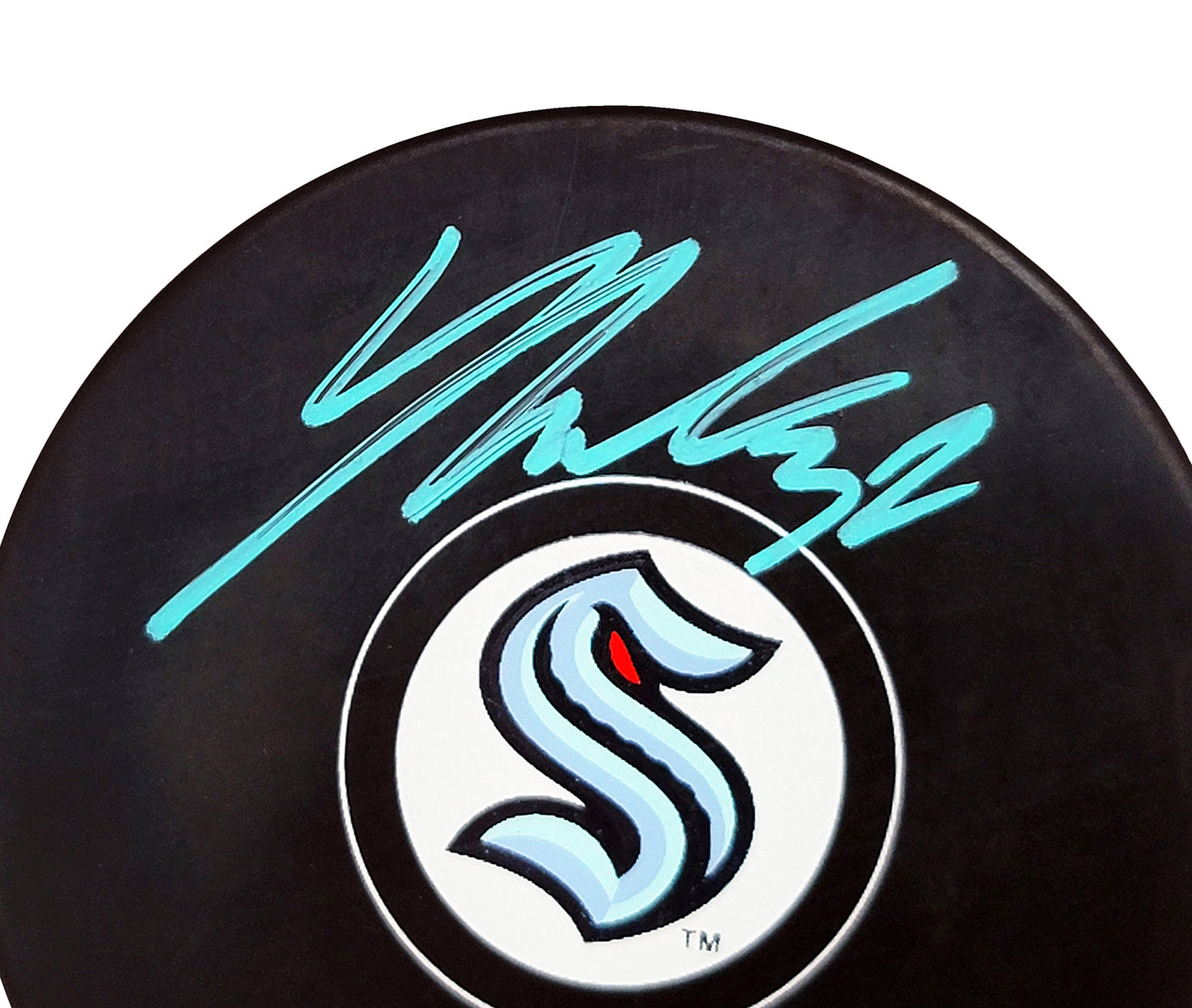 Yanni Gourde Autographed Official Seattle Kraken Logo Hockey Puck Signed In Teal Fanatics Holo Stock #211606