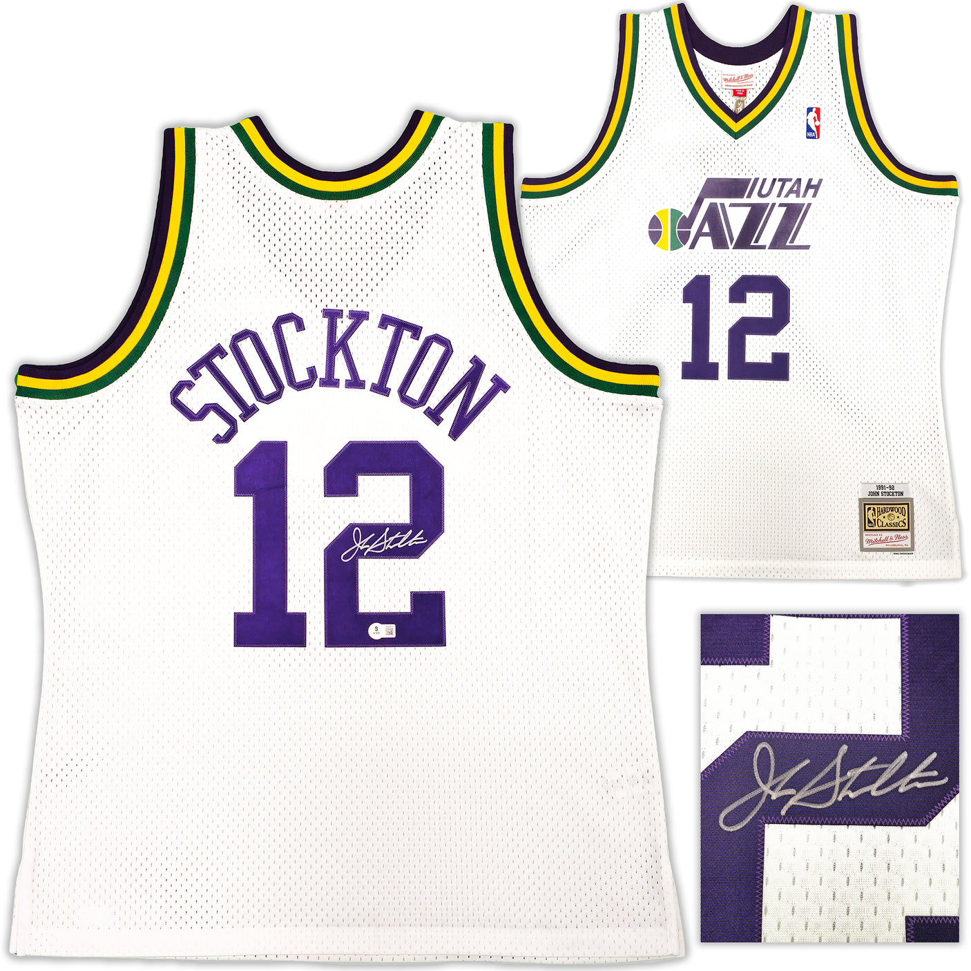 Utah Jazz John Stockton Autographed White Authentic Mitchell & Ness 1991-92 Hardwood Classic Swingman Jersey Size XL Beckett BAS Witness Stock #224338