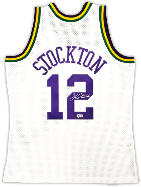 Utah Jazz John Stockton Autographed White Authentic Mitchell & Ness 1991-92 Hardwood Classic Swingman Jersey Size L Beckett BAS Witness Stock #224339