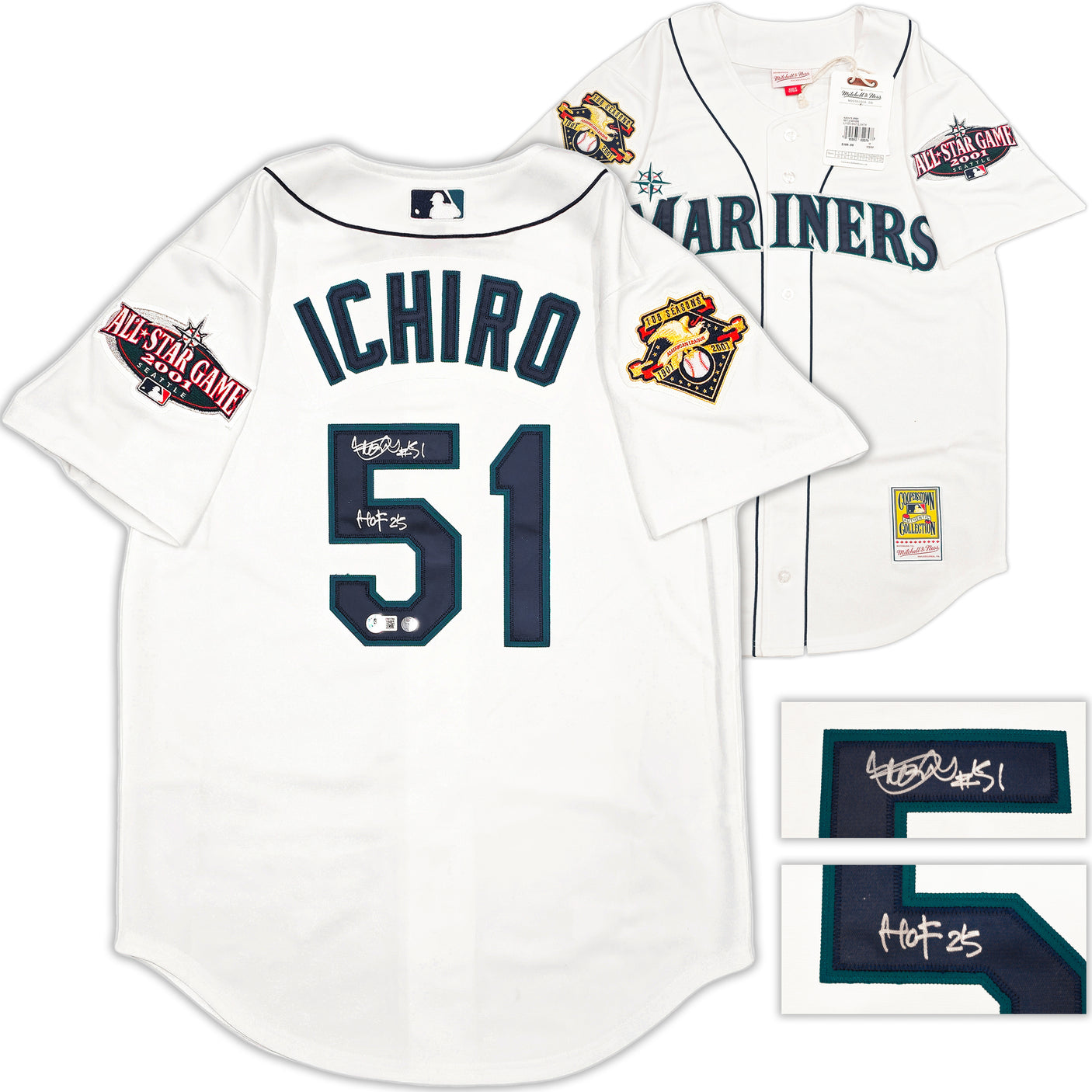Seattle Mariners Ichiro Suzuki Autographed White Mitchell & Ness 2001 All Star Game Patch Rookie Year Jersey Size 40 "HOF 25" IS Holo & Beckett BAS Witness QR Stock #238314