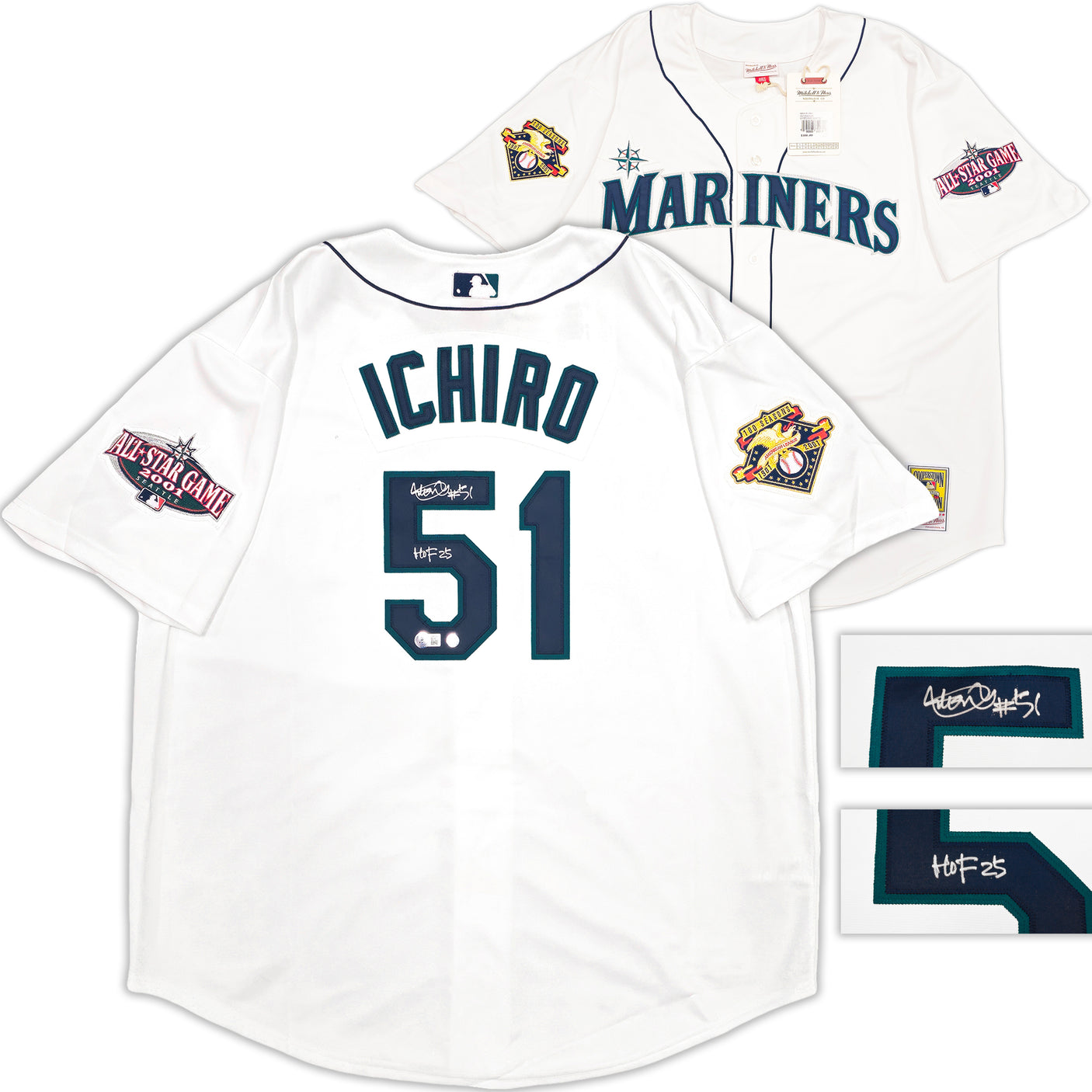 Seattle Mariners Ichiro Suzuki Autographed White Mitchell & Ness 2001 All Star Game Patch Rookie Year Jersey Size 52 "HOF 25" IS Holo & Beckett BAS Witness QR Stock #238316