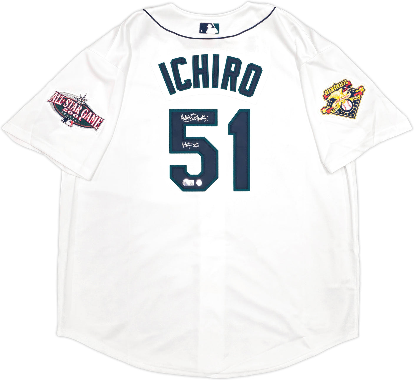 Seattle Mariners Ichiro Suzuki Autographed White Mitchell & Ness 2001 All Star Game Patch Rookie Year Jersey Size 52 "HOF 25" IS Holo & Beckett BAS Witness QR Stock #238316