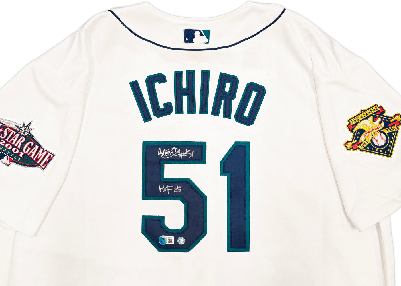 Seattle Mariners Ichiro Suzuki Autographed White Mitchell & Ness 2001 All Star Game Patch Rookie Year Jersey Size 52 "HOF 25" IS Holo & Beckett BAS Witness QR Stock #238316