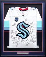 Seattle Kraken 2021-22 Inaugural Season Team Signed Autographed Framed White Adidas Jersey With 24 Signatures Including Jordan Eberle & Jared McCann Fanatics Holo Stock #223780