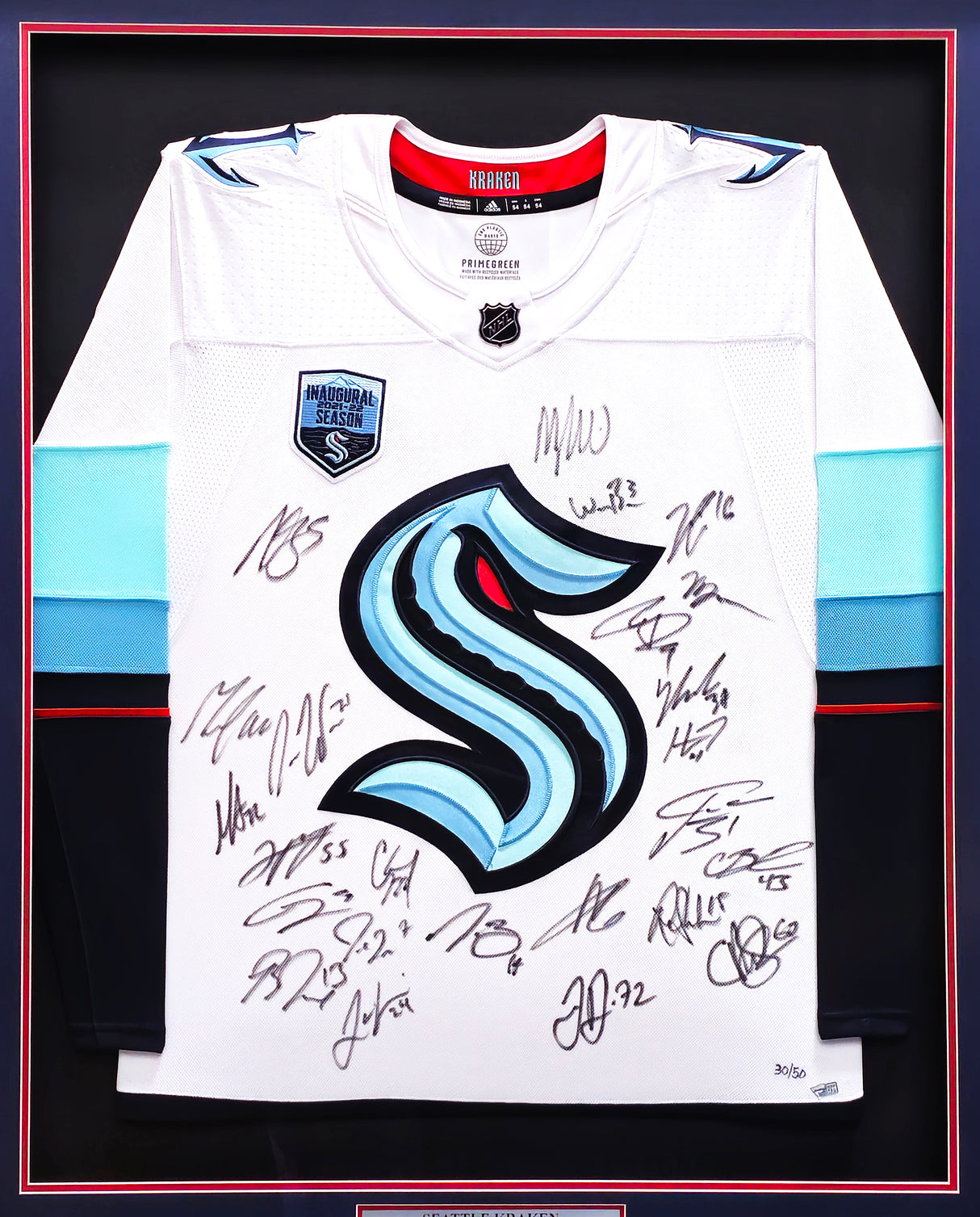 Seattle Kraken 2021-22 Inaugural Season Team Signed Autographed Framed White Adidas Jersey With 24 Signatures Including Jordan Eberle & Jared McCann Fanatics Holo Stock #223780