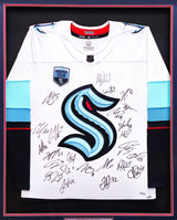 Seattle Kraken 2021-22 Inaugural Season Team Signed Autographed Framed White Adidas Jersey With 24 Signatures Including Jordan Eberle & Jared McCann Fanatics Holo Stock #223780