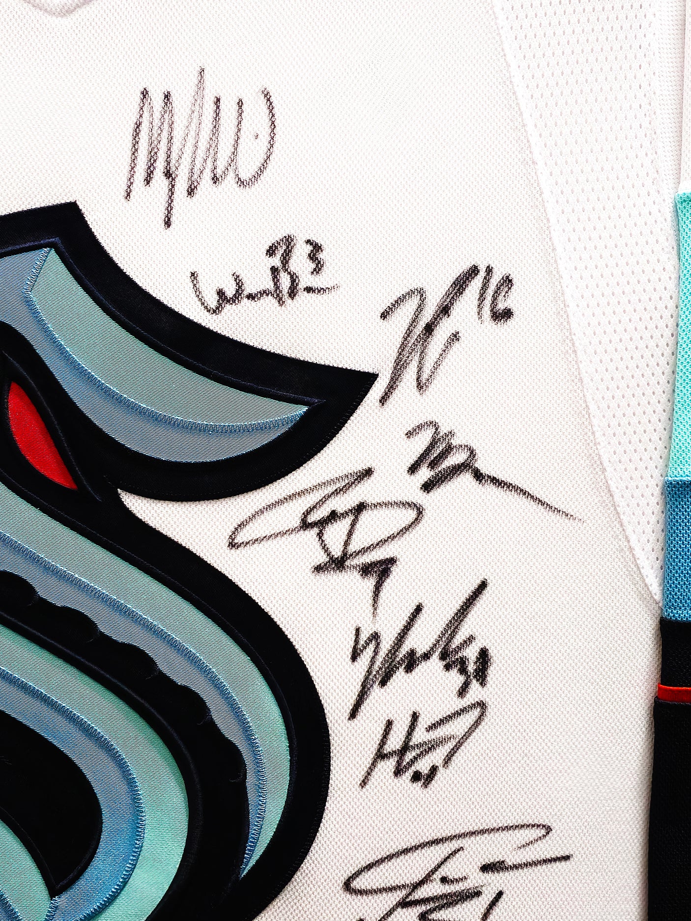 Seattle Kraken 2021-22 Inaugural Season Team Signed Autographed Framed White Adidas Jersey With 24 Signatures Including Jordan Eberle & Jared McCann Fanatics Holo Stock #223780