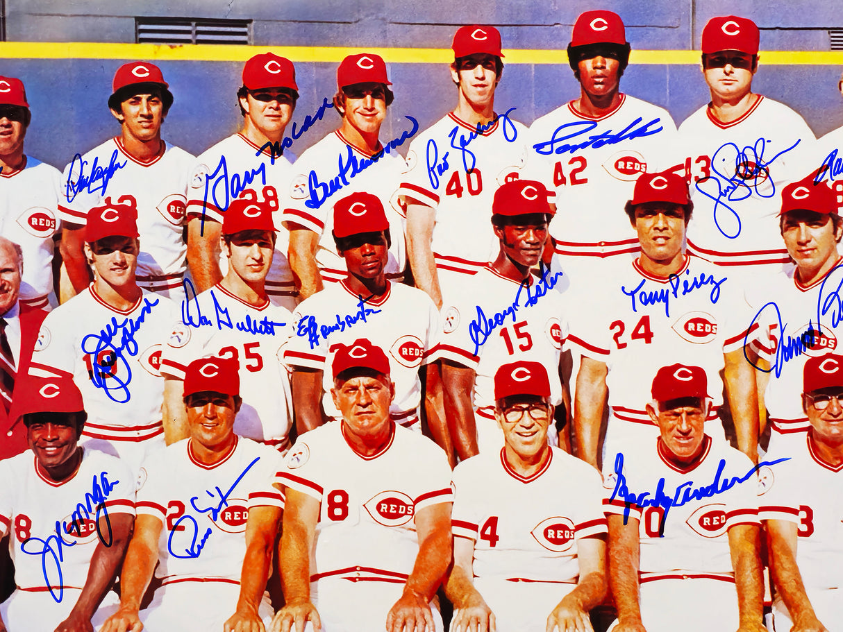 1976 Cincinnati Reds Big Red Machine Team Autographed Framed 24x36 Poster With 27 Signatures Including Johnny Bench & Pete Rose Beckett BAS Stock #223770