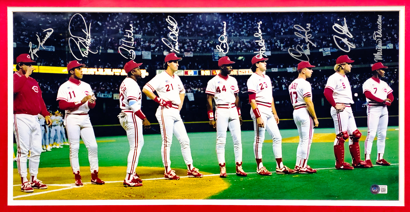 1990 Cincinnati Reds Team Autographed Framed 12x24 Panoramic Photo Cincinnati Reds With 9 Signatures Including Barry Larkin & Lou Piniella Beckett BAS Stock #223765