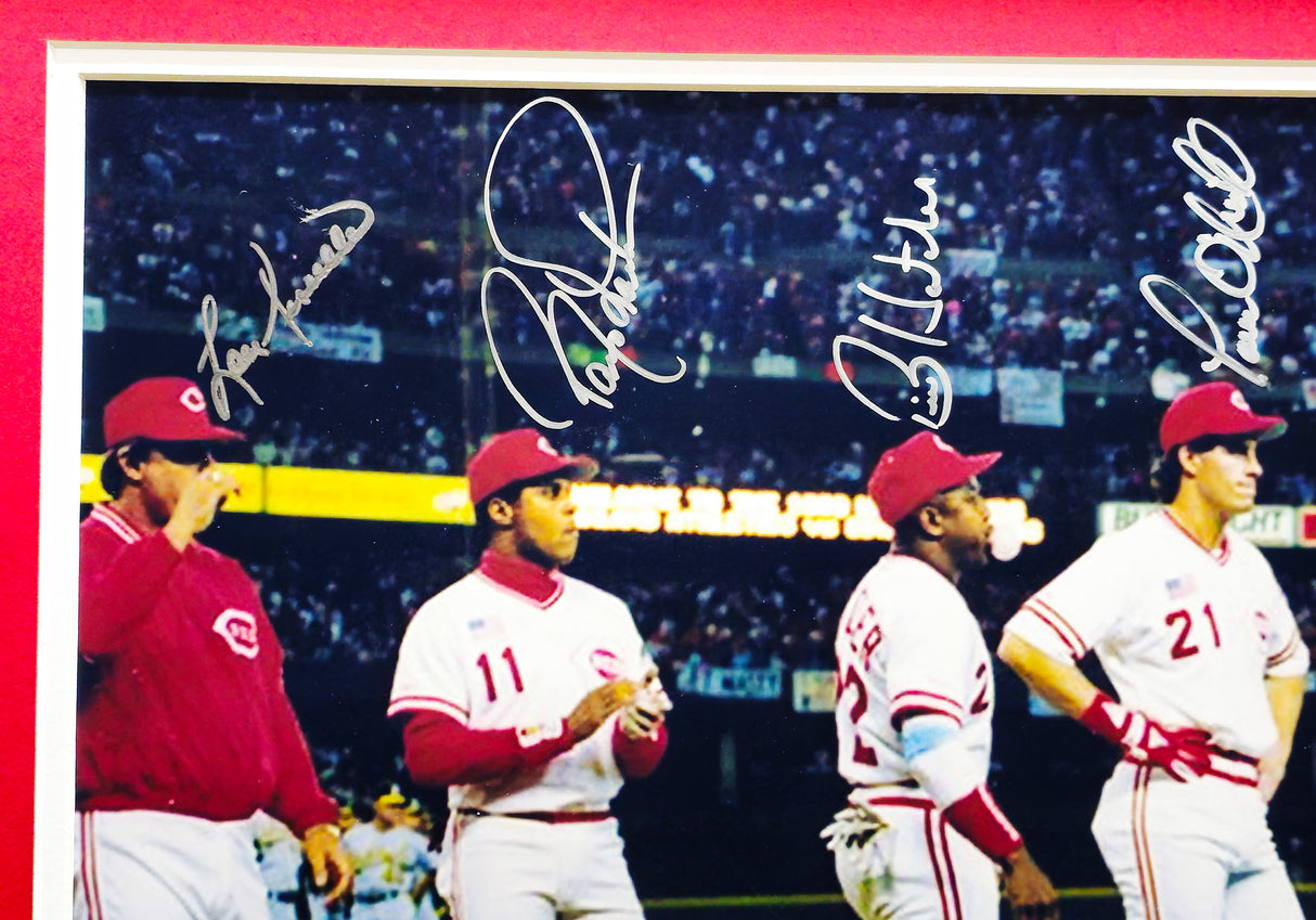 1990 Cincinnati Reds Team Autographed Framed 12x24 Panoramic Photo Cincinnati Reds With 9 Signatures Including Barry Larkin & Lou Piniella Beckett BAS Stock #223765