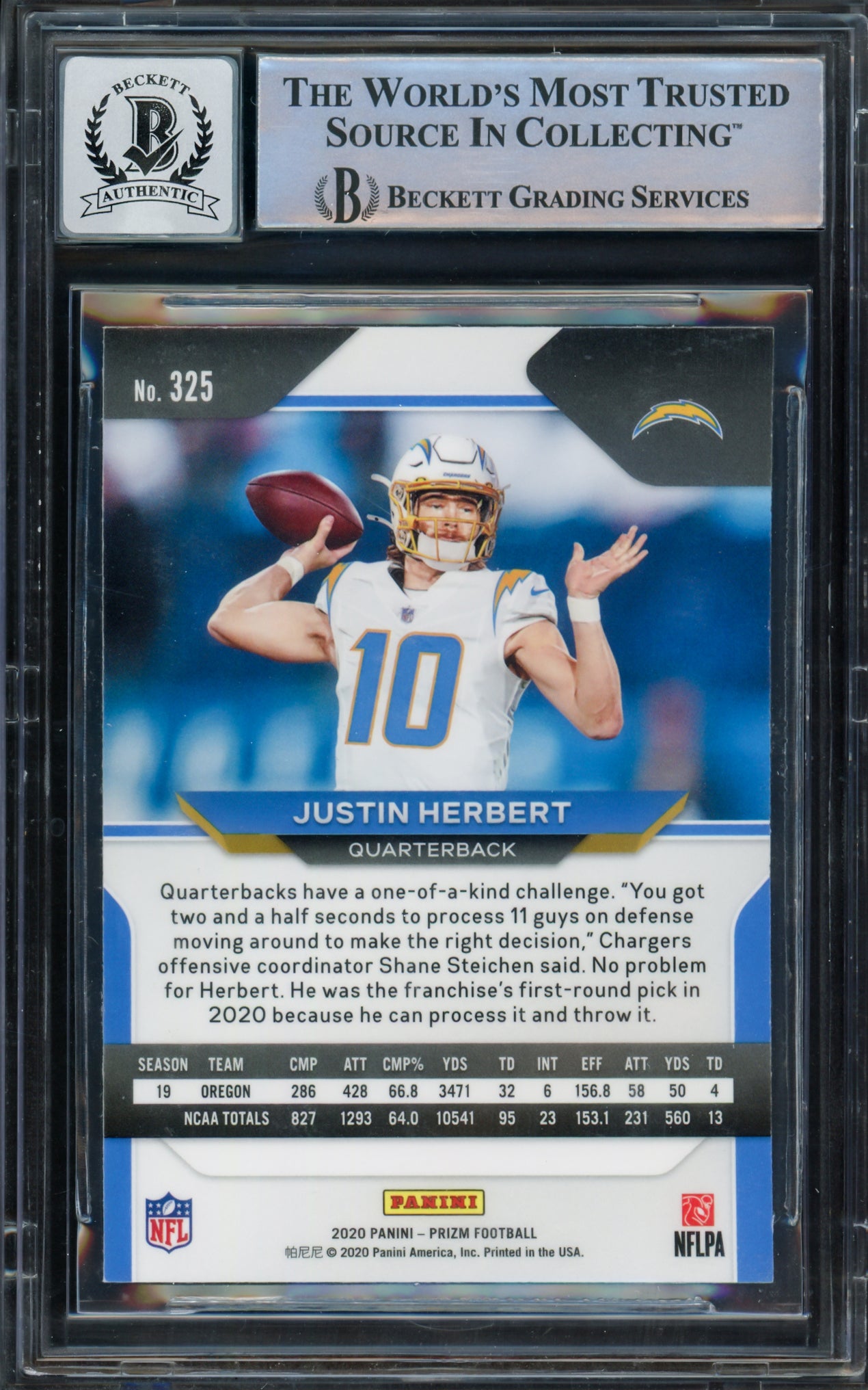 Justin Herbert Autographed 2020 Panini Prizm Rookie Card #325 Los Angeles Chargers Auto Grade Gem Mint 10 Light Blue Beckett BAS #15297968