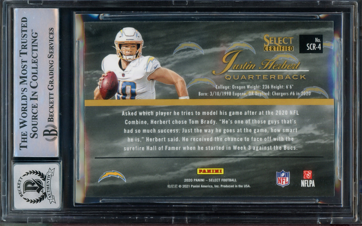 Justin Herbert Autographed 2020 Select Certified Rookie Card #4 Los Angeles Chargers Auto Grade Gem Mint 10 Beckett BAS #15297971