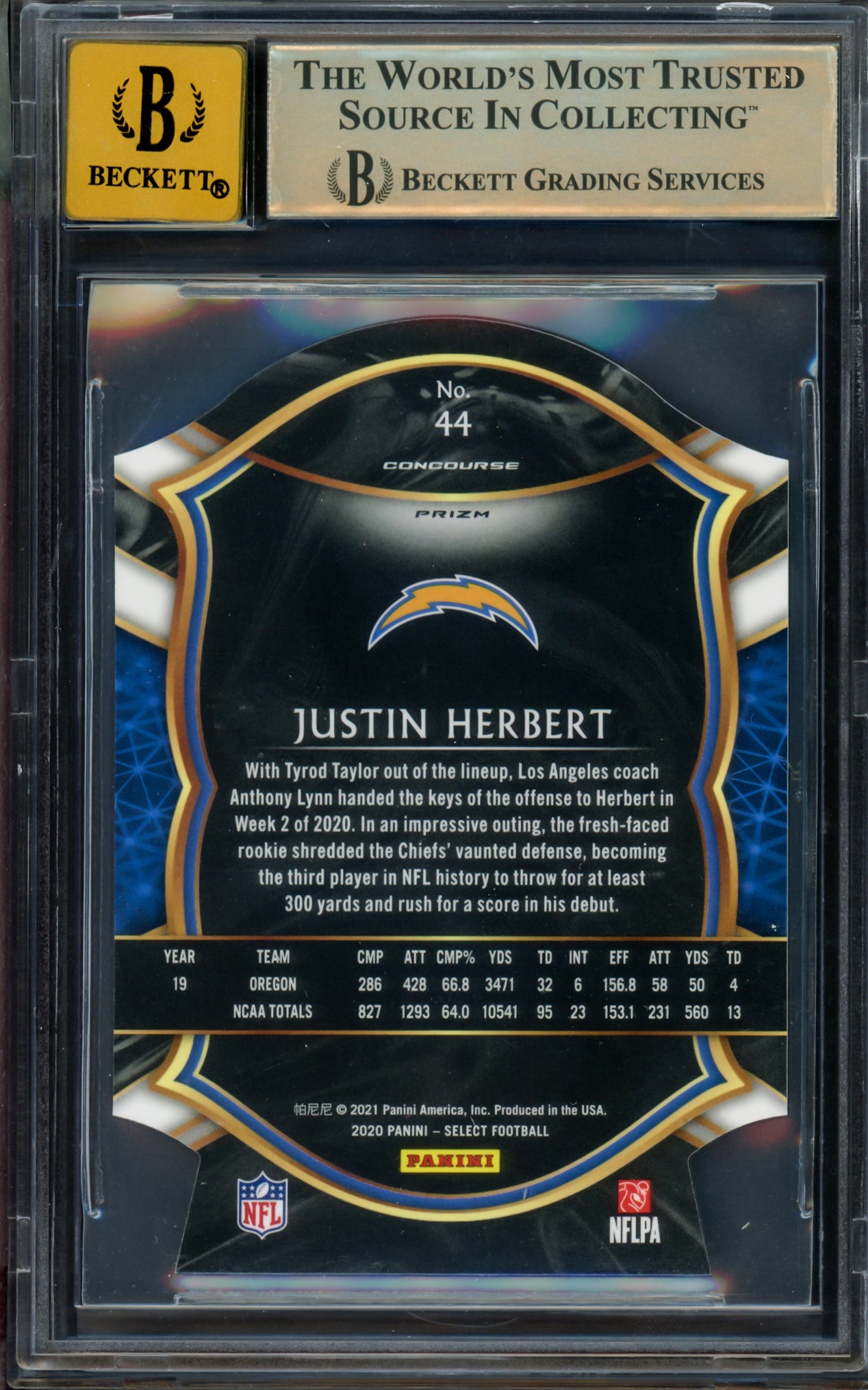 Justin Herbert Autographed 2020 Select Prizm Maroon Die Cut Rookie Card #44 Los Angeles Chargers BGS 9.5 Auto Grade Gem Mint 10 Beckett BAS #15297328