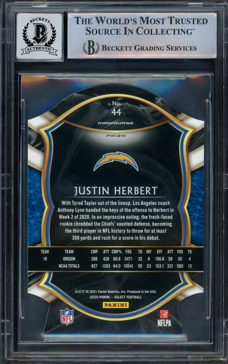 Justin Herbert Autographed 2020 Select Prizm Maroon Die Cut Rookie Card #44 Los Angeles Chargers BGS 9 Auto Grade Gem Mint 10 Beckett BAS #15297634