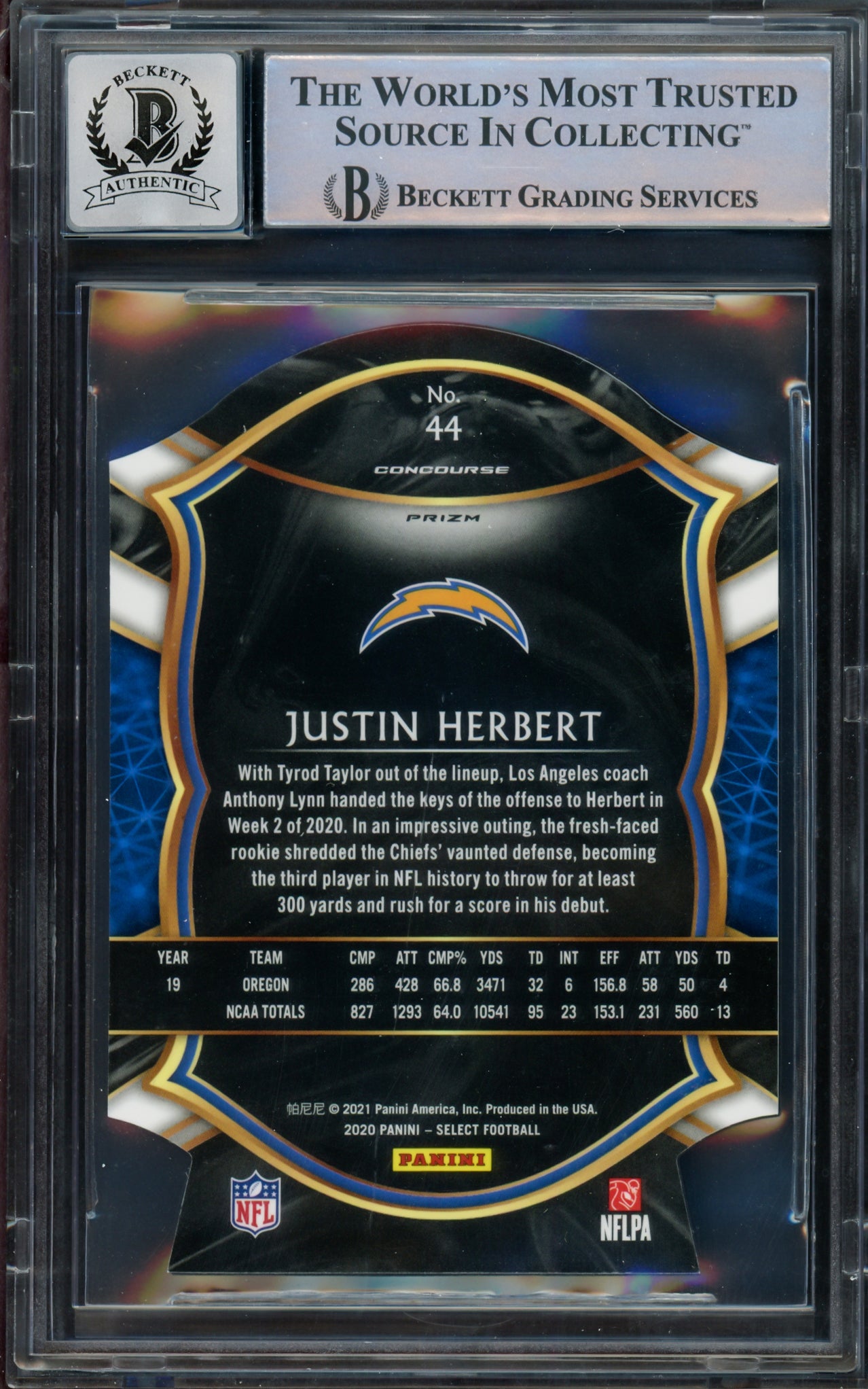 Justin Herbert Autographed 2020 Select Prizm Maroon Die Cut Rookie Card #44 Los Angeles Chargers Auto Grade Gem Mint 10 Beckett BAS #15297960