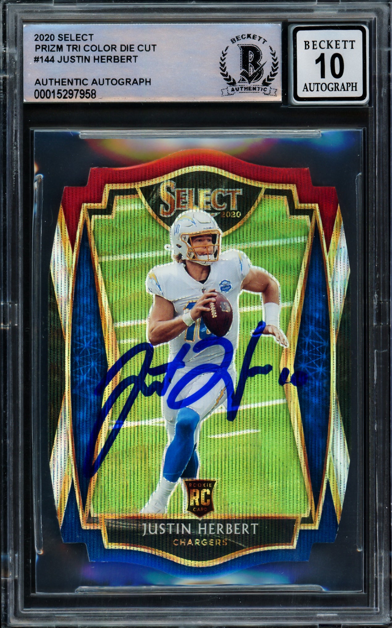 Justin Herbert Autographed 2020 Select Prizm Tri Color Die Cut Rookie Card #144 Los Angeles Chargers Auto Grade Gem Mint 10 Beckett BAS #15297958