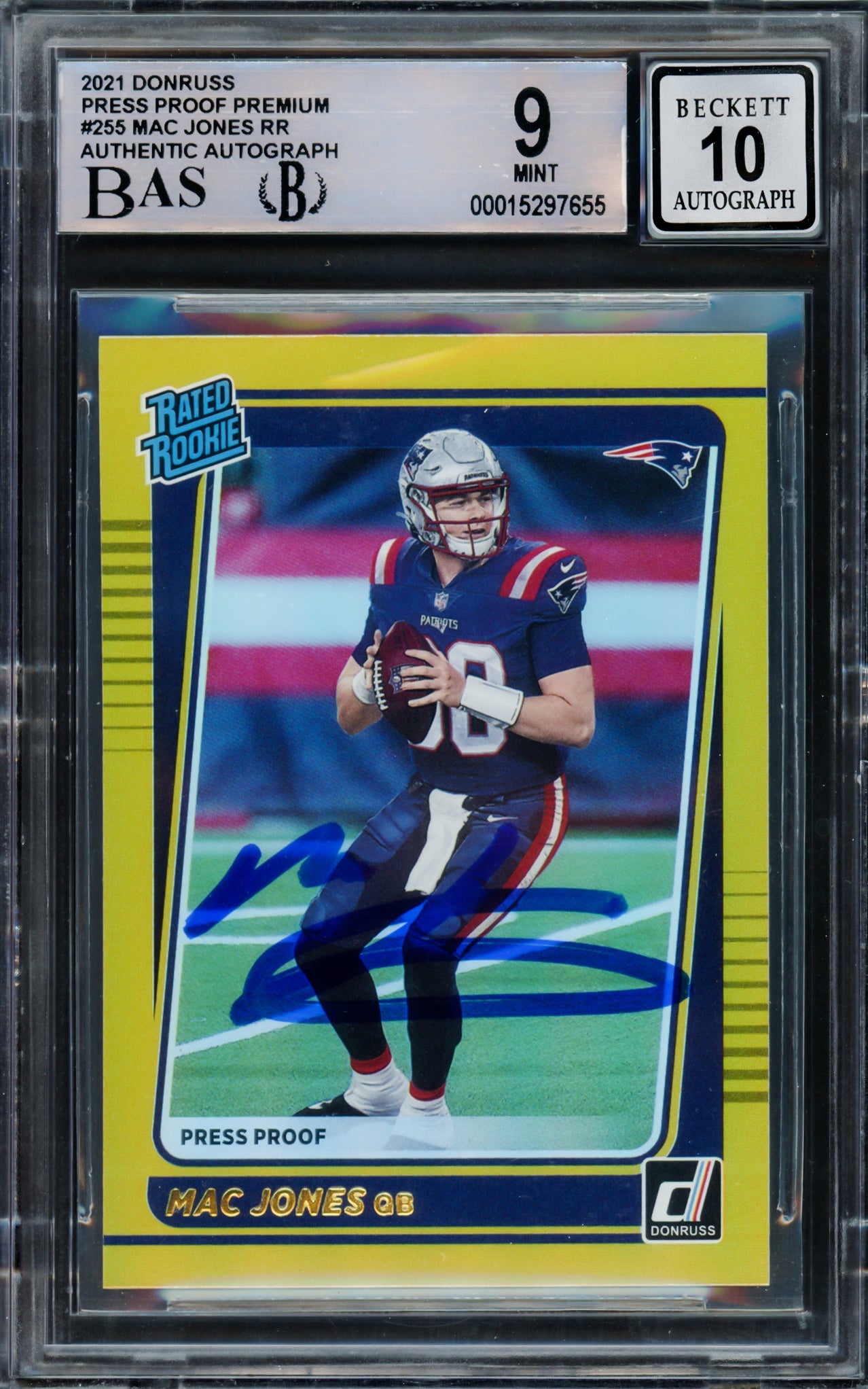 Mac Jones Autographed 2021 Donruss Gold Press Proof Premium Rookie Card #255 New England Patriots BGS 9 Auto Grade Gem Mint 10 Beckett BAS #15297655