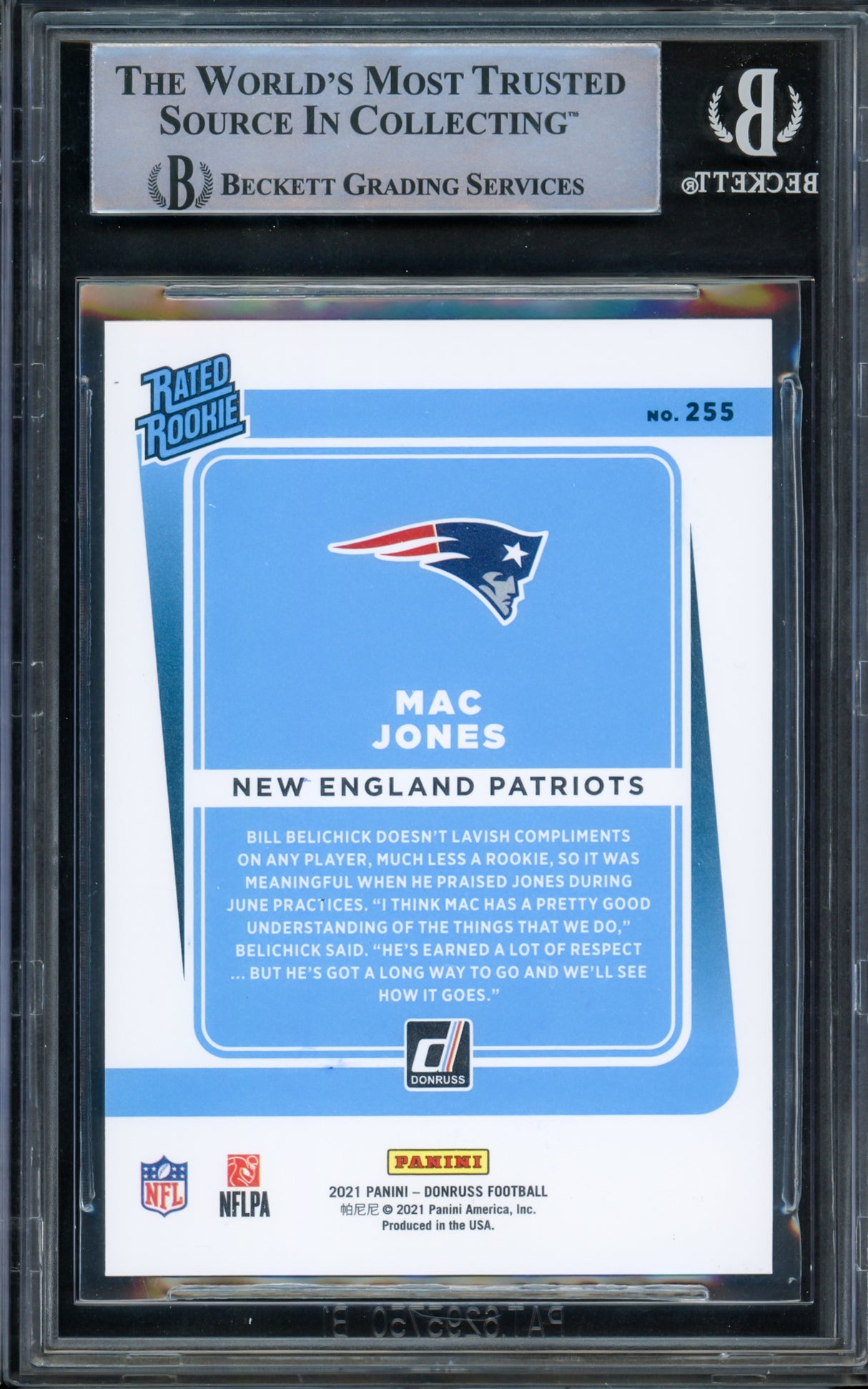 Mac Jones Autographed 2021 Donruss Gold Press Proof Premium Rookie Card #255 New England Patriots Beckett BAS #15298147