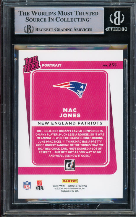 Mac Jones Autographed 2021 Donruss Rated Rookie Portrait Rookie Card #255 New England Patriots Beckett BAS #15298146