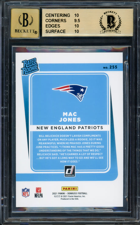 Mac Jones Autographed 2021 Donruss Rated Rookie Card #255 New England Patriots BGS 10 Pristine Auto Grade Gem Mint 10 Highest Graded Beckett BAS #15297163