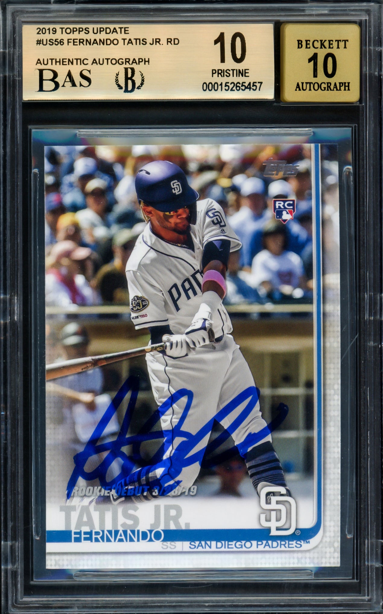 Fernando Tatis Jr. Autographed 2019 Topps Update Rookie Card #US56 San Diego Padres BGS 10 Auto Grade Gem Mint 10 Highest Graded Beckett BAS #15265457