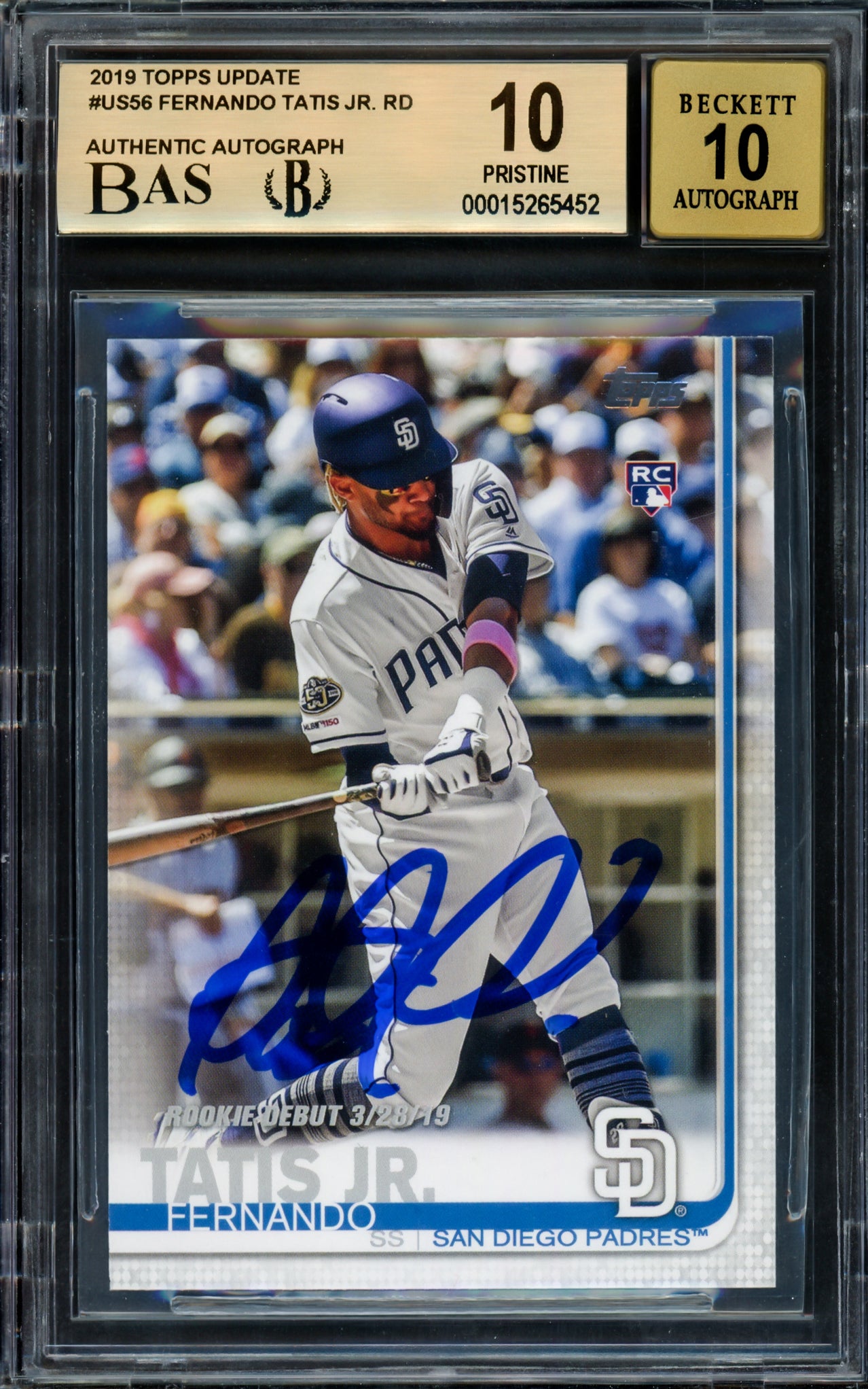 Fernando Tatis Jr. Autographed 2019 Topps Update Rookie Card #US56 San Diego Padres BGS 10 Auto Grade Gem Mint 10 Highest Graded Beckett BAS #15265452