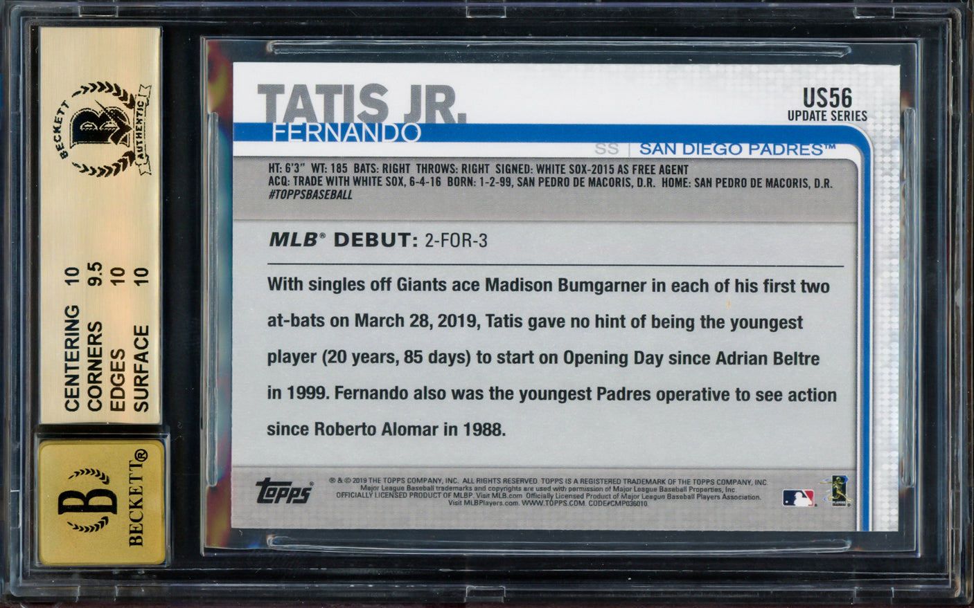 Fernando Tatis Jr Autographed 2019 Topps Update Rookie Card #US56 San Diego Padres BGS 10 Auto Grade Gem Mint 10 Highest Graded Beckett BAS #15265452