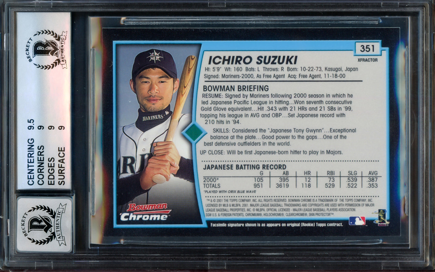 Ichiro Suzuki Autographed 2001 Bowman Chrome X-Fractors English Rookie Card #351A Seattle Mariners BGS 9 Auto Grade Gem Mint 10 "01 ROY/MVP" Beckett BAS #15094354