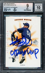 Ichiro Suzuki Autographed 2001 Upper Deck SP Authentic Rookie Card #91 Seattle Mariners BGS 9 Auto Grade Gem Mint 10 "01 ROY/MVP" #316/1250 Beckett BAS #15094352