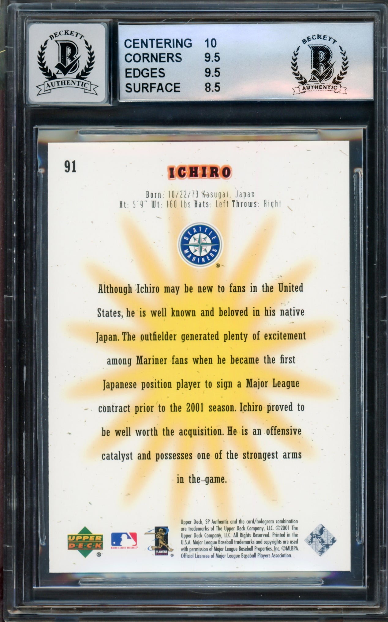 Ichiro Suzuki Autographed 2001 Upper Deck SP Authentic Rookie Card #91 Seattle Mariners BGS 9 Auto Grade Gem Mint 10 "01 ROY/MVP" #316/1250 Beckett BAS #15094352