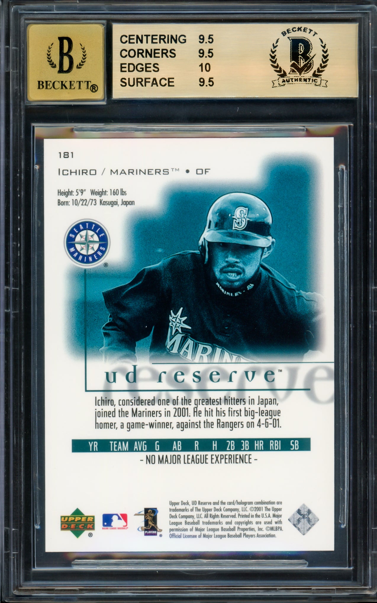 Ichiro Suzuki Autographed 2001 Upper Deck Reserve Rookie Card #181 Seattle Mariners BGS 9.5 Auto Grade Gem Mint 10 "01 ROY/MVP" Highest Graded #1115/2500 Beckett BAS #15094347