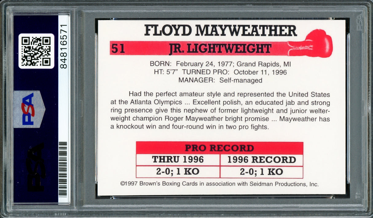 Floyd Mayweather Jr Autographed 1997 Brown's Boxing Rookie Retro Reprint Rookie Card #51 "$" Money PSA/DNA #84816571