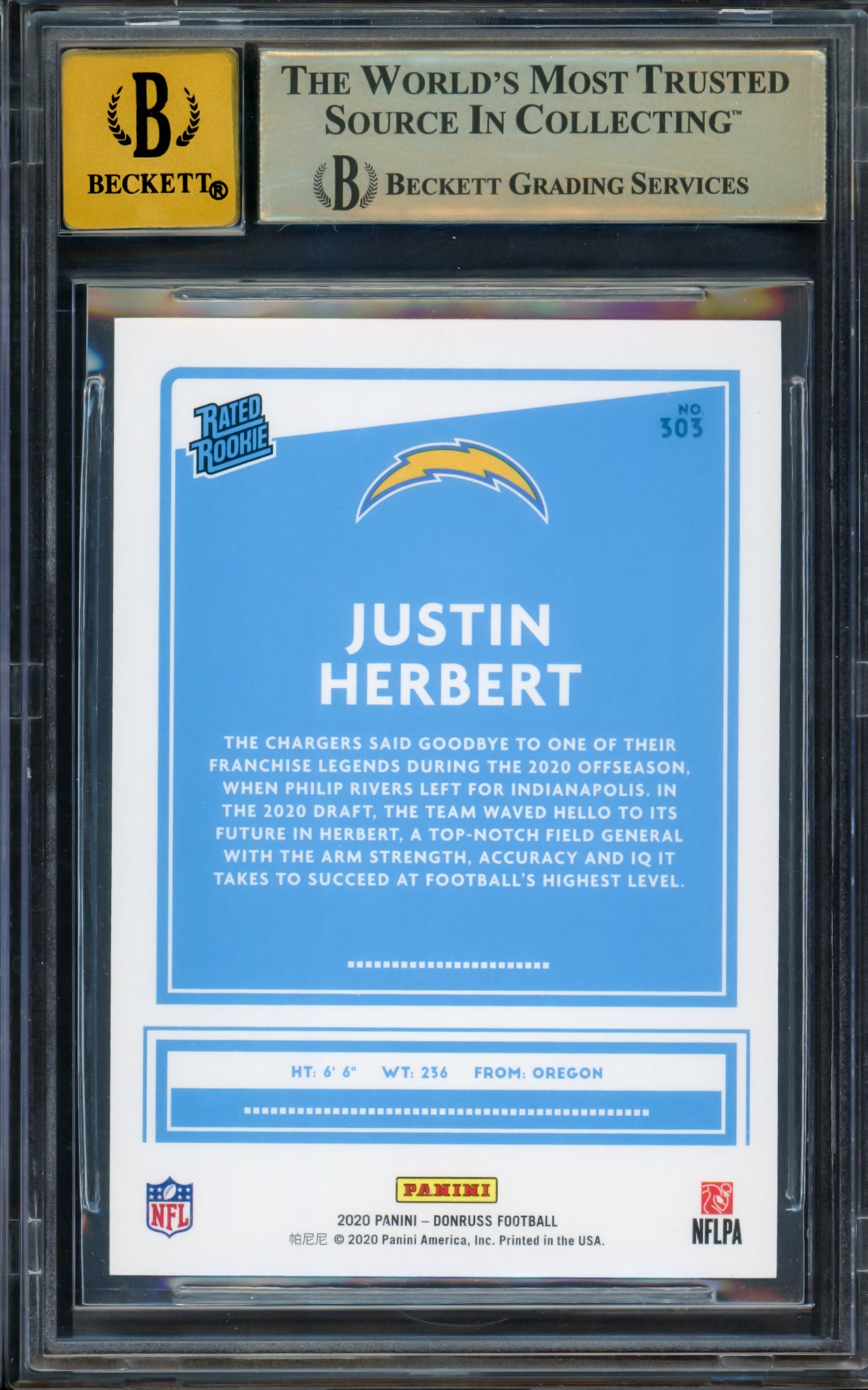 Justin Herbert Autographed 2020 Donruss Rated Rookie Card #303 Los Angeles Chargers BGS 9.5 Auto Grade Gem Mint 10 Beckett BAS Stock #211824