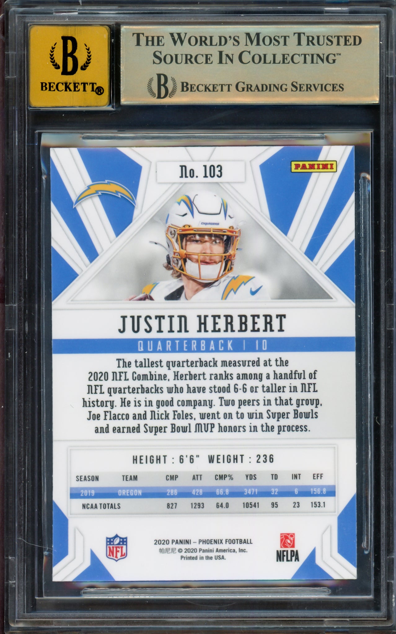 Justin Herbert Autographed 2020 Panini Phoenix Fire Burst Rookie Card #103 Los Angeles Chargers BGS 9.5 Auto Grade Gem Mint 10 Beckett BAS Stock #211827