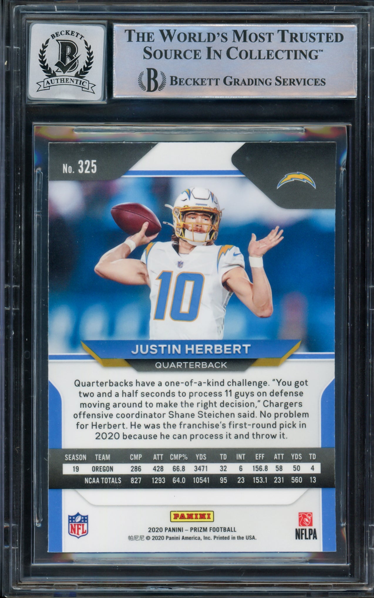 Justin Herbert Autographed 2020 Panini Prizm Rookie Card #325 Los Angeles Chargers BGS 9 Auto Grade Gem Mint 10 Beckett BAS Stock #211828