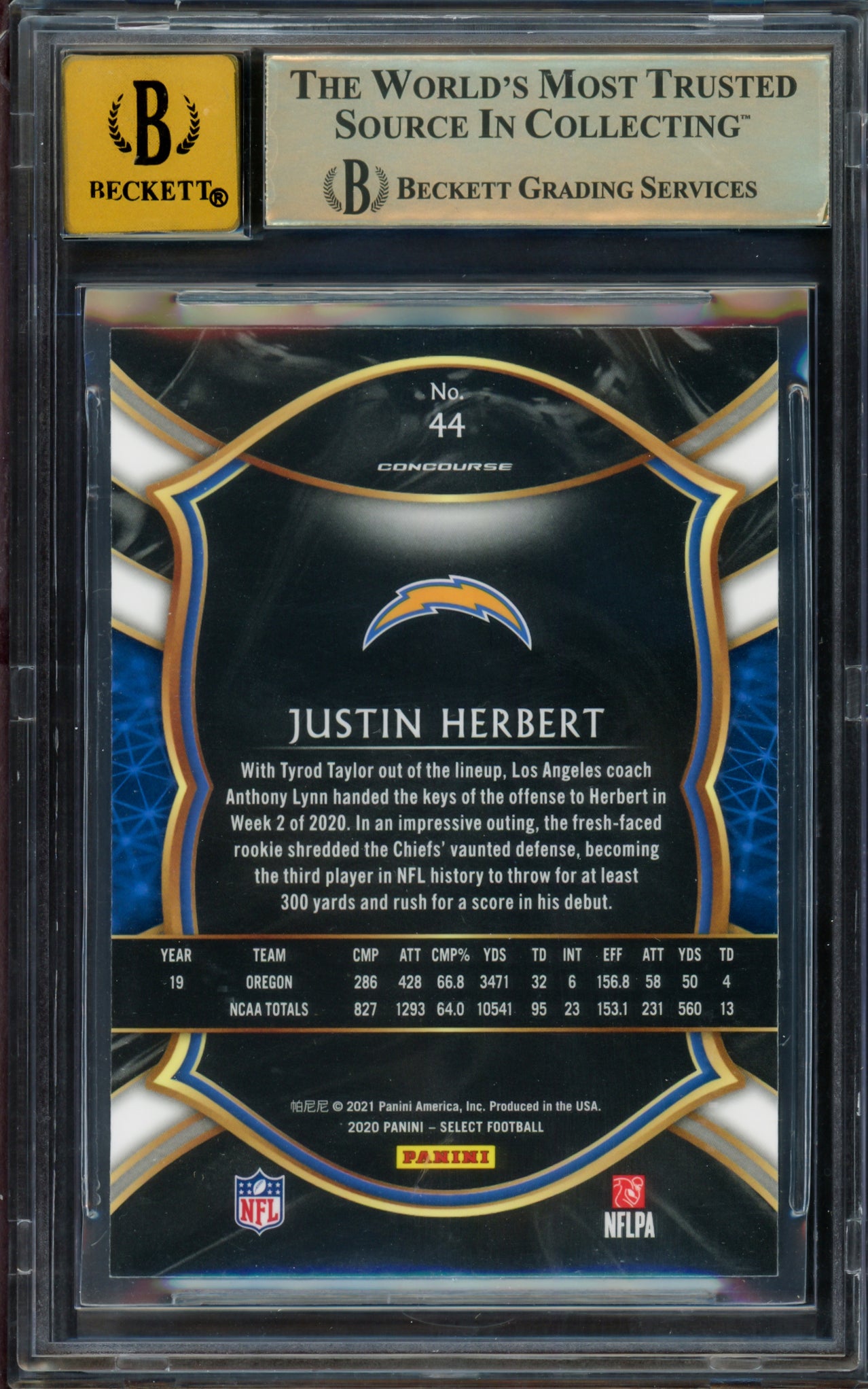 Justin Herbert Autographed 2020 Select Rookie Card #44 Los Angeles Chargers BGS 9.5 Auto Grade Gem Mint 10 Beckett BAS Stock #211831