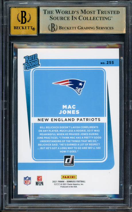 Mac Jones Autographed 2021 Donruss Rated Rookie Card #255 New England Patriots BGS 9.5 Auto Grade Gem Mint 10 Beckett BAS Stock #211836