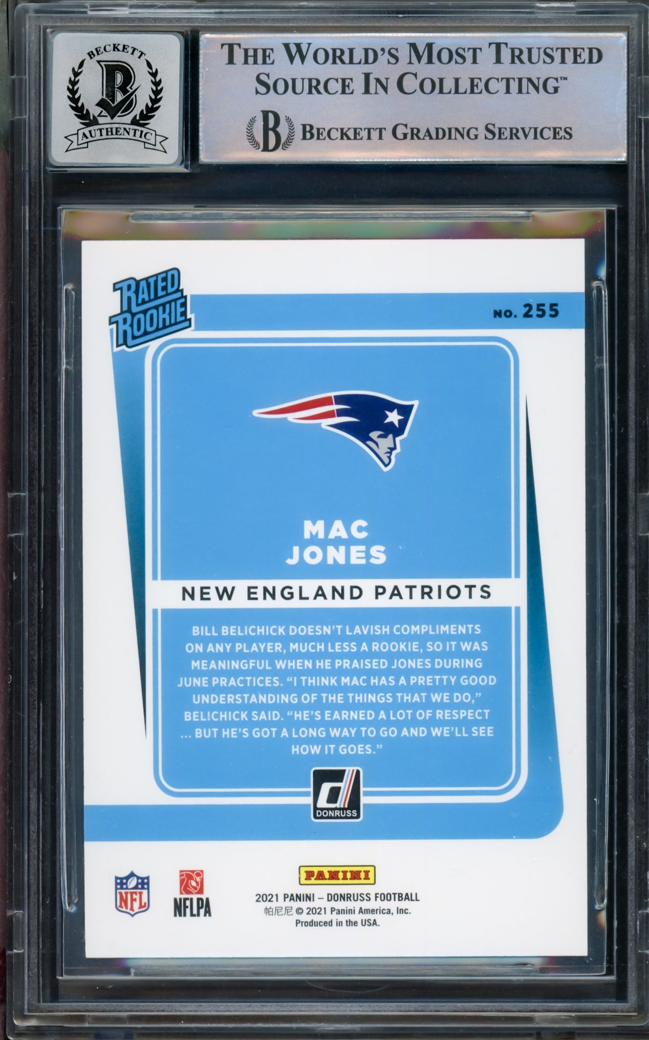 Mac Jones Autographed 2021 Donruss Rated Rookie Card #255 New England Patriots BGS 9 Auto Grade Gem Mint 10 Beckett BAS Stock #211837
