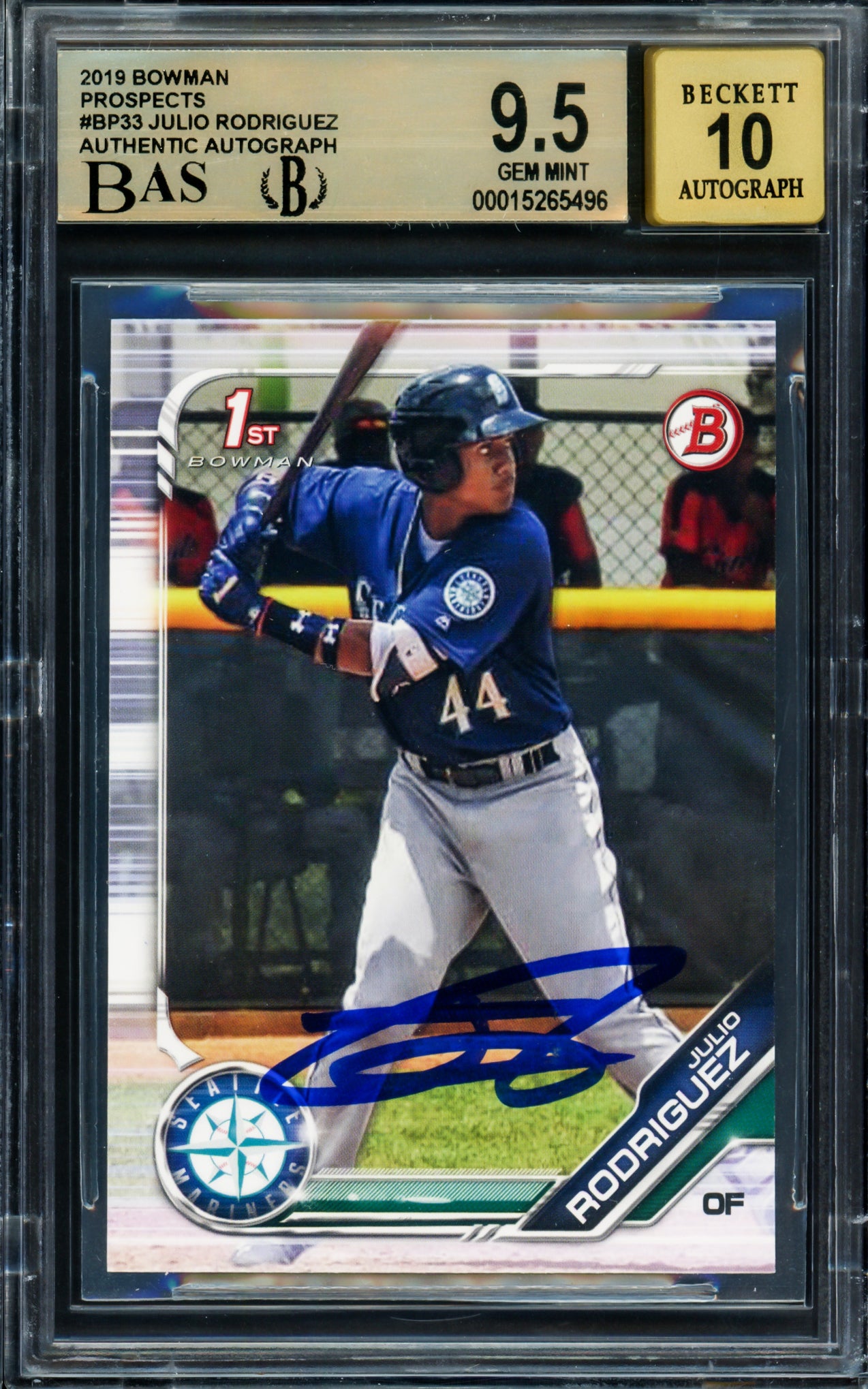 Julio Rodriguez Autographed 2019 1st Bowman Paper Rookie Card #BP33 Seattle Mariners BGS 9.5 Auto Grade Gem Mint 10 Beckett BAS Stock #211840