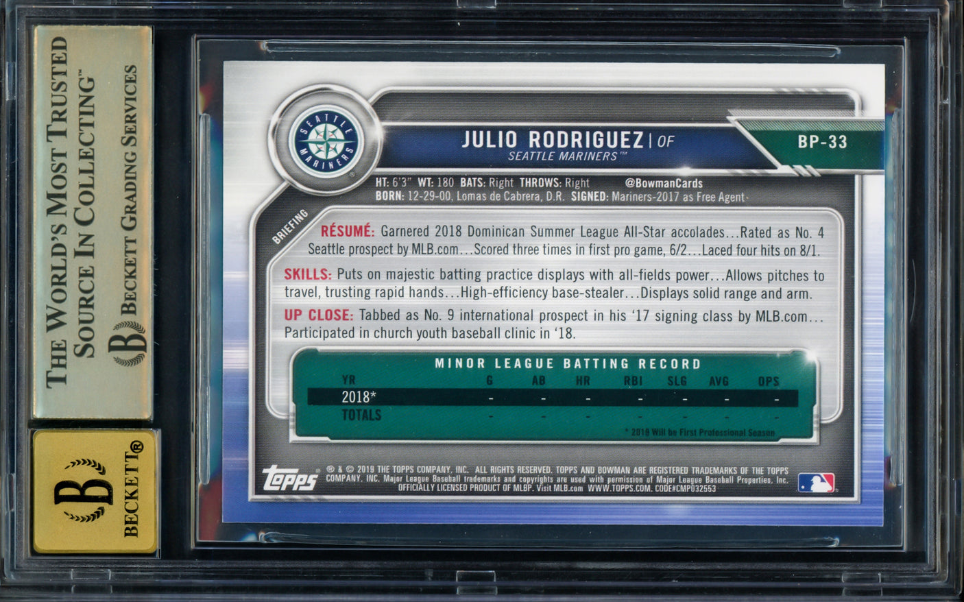 Julio Rodriguez Autographed 2019 1st Bowman Paper Rookie Card #BP33 Seattle Mariners BGS 9.5 Auto Grade Gem Mint 10 Beckett BAS Stock #211840