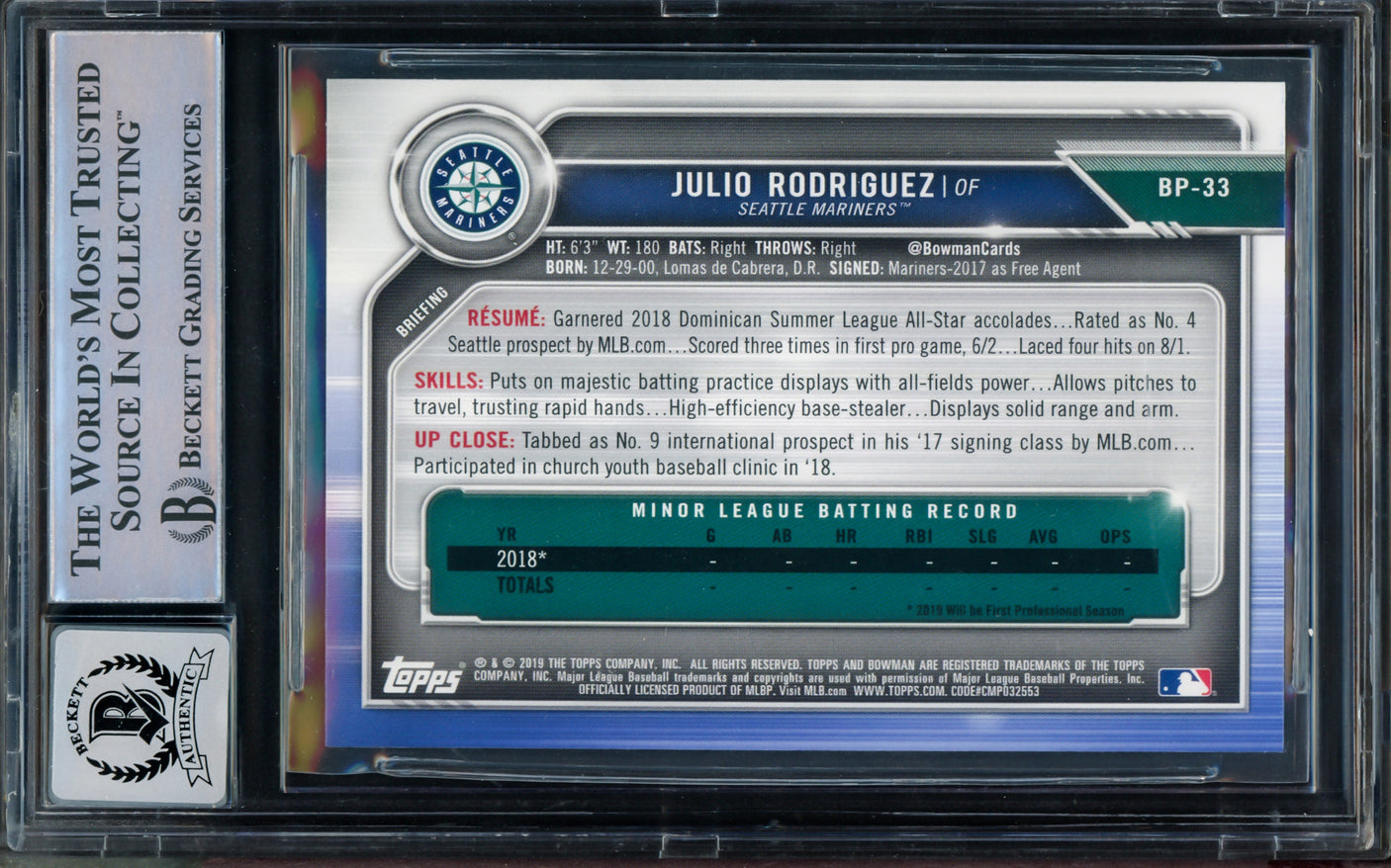 Julio Rodriguez Autographed 2019 1st Bowman Paper Rookie Card #BP33 Seattle Mariners BGS 9 Auto Grade Gem Mint 10 Beckett BAS Stock #211841